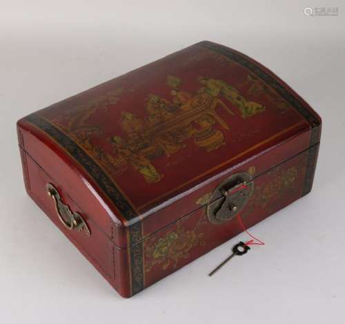 Tibetan painted and leather covered lid box. With