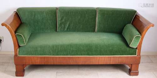 Empire mahogany diva sofa with good velor upholstery.