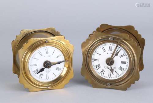 Two antique German brass travel alarm clocks. Circa