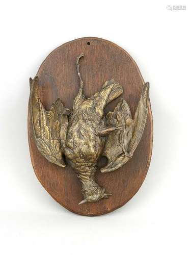 Antique oak wall plaque with composition metal