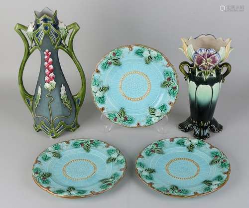 Five times antique Majolica Jugendstil pottery with