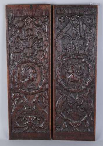 Two antique oak carved Renaissance panels with tendrils