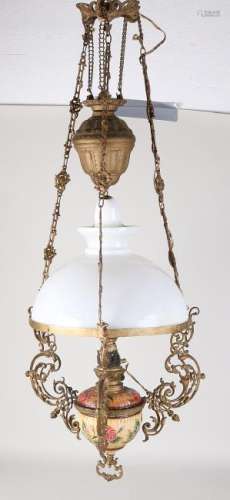 Antique Majolica hanging petroleum lamp with floral