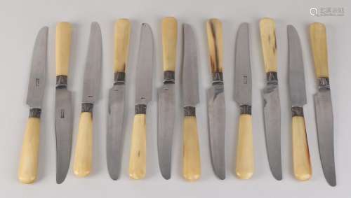 Twelve knives with a horn handle with silver