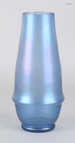 Old blue iridescent glass vase in Loetz style. First