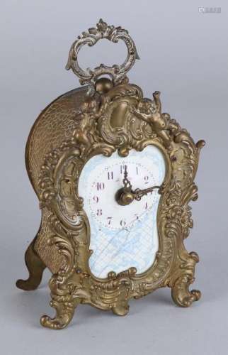 Antique French brass travel alarm clock in Rococo