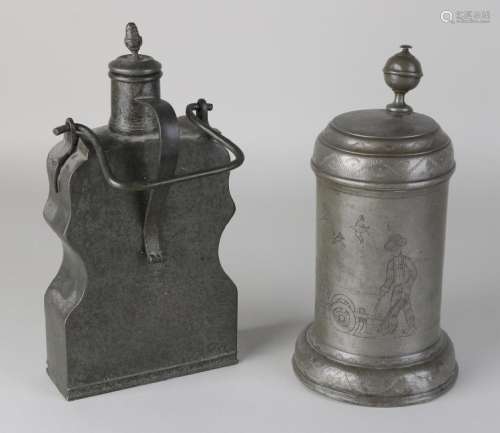 Two times antique tin. One pewter pilgrim bottle. Once