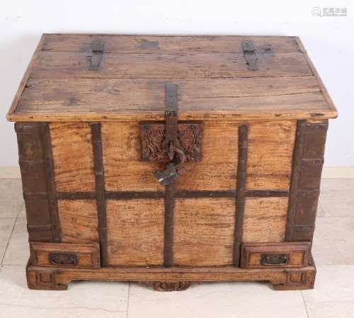 Large Eastern teak chest with iron lock / fittings.
