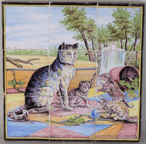 Old polychrome tile tableau. 9-Pas with cat show. Edge