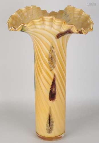 Very large artificial glass mouth-blown vase. Yellow