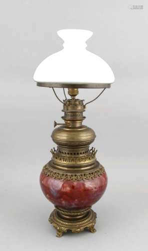 Large antique ceramic petroleum lamp with brass. Circa