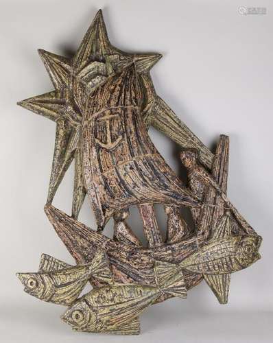 Large old ceramic wall decoration with maritime