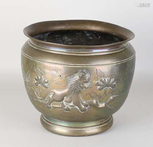 Large antique Japanese brass flowerpot with tigers.