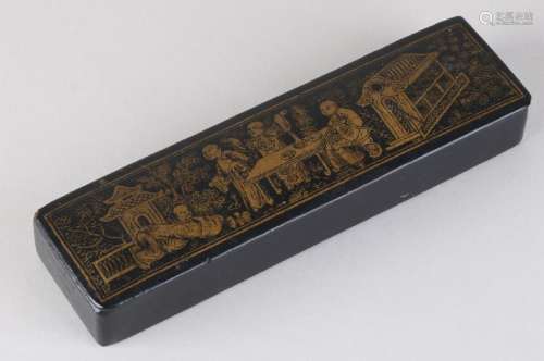 Antique Chinese lacquer pen case with gold figures