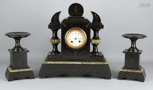 Antique French black marble clock set with eight-day