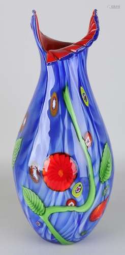 Large modern mouth-blown glass vase with Mille Fiori