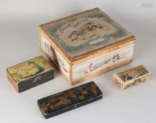 Four antique lithographed boxes. Consisting of: Large