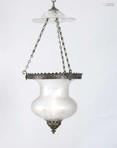 Large antique glass hanging lamp with frosted glass and