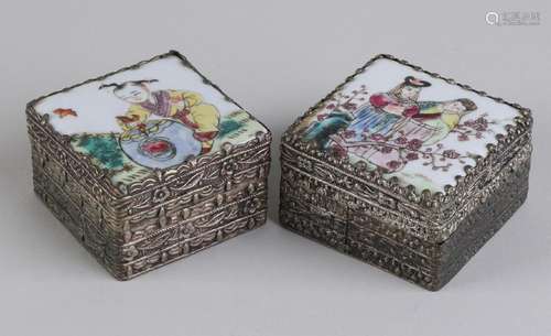 Two old Chinese white metal snuff boxes with porcelain