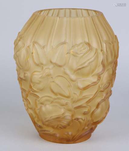 Antique pressed glass Jugendstil vase with rose decor.