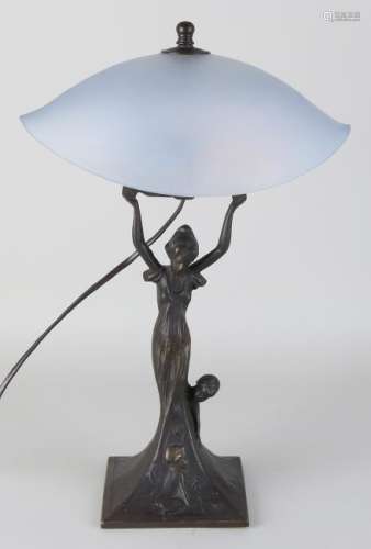 Bronze art nouveau style table lamp with woman. 21st