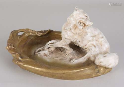 Antique Royal Dux porcelain dish with wolf in clamp.