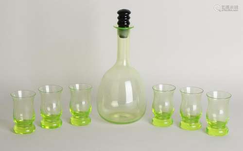 Antique seven-piece Anna Groen liqueur set. Uranium