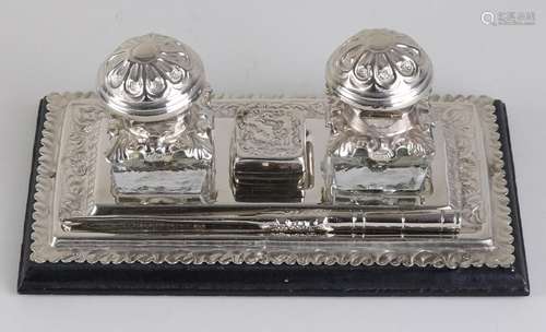 Five-piece plated ink set. Consisting of: Two inkwells,