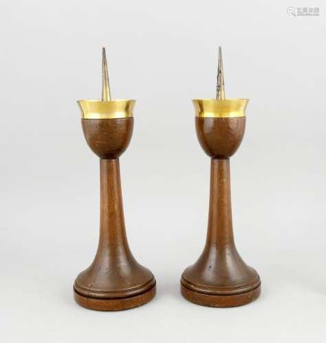Two antique oak with brass candle holders. Around 1920.