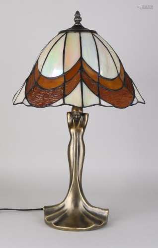 Art Nouveau style Tiffany table lamp. With bronze women