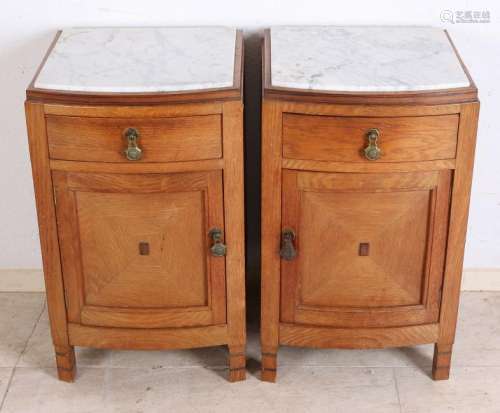 Two antique oak bedside tables with white marble top.