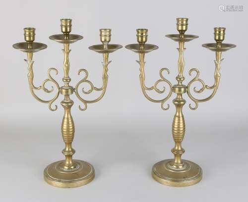 Two 18th - 19th century bronze three-light candle