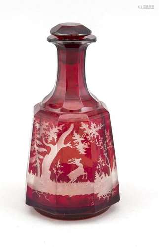 Antique ruby-red Bohemian crystal jug. With deer and