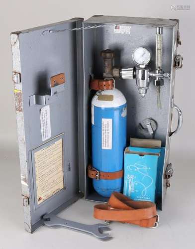 Old oxygen bottle for medical use. In metal case. 20th