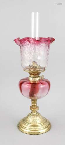 Antique brass kerosene lamp with cassis colored glass