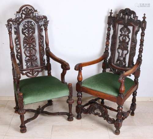 Two 19th century armchairs. Oak once + nuts once.