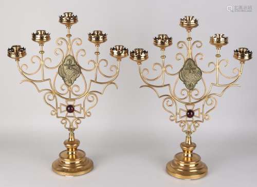 Two 19th century brass church candlesticks. Gold