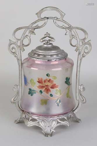 Antique Jugendstil cookie jar with painted glass and