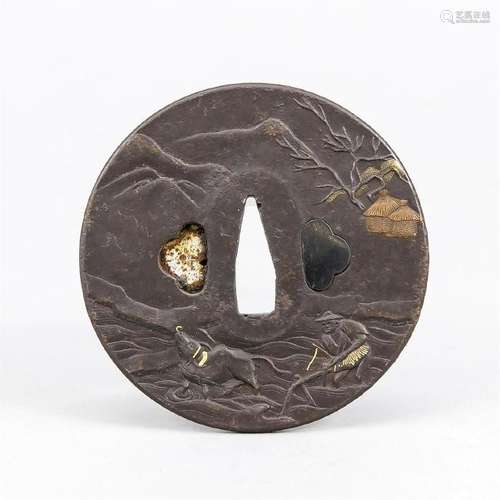 Tsuba, Japan, wohl 19. Jh., Eisen mit Kupfer- und