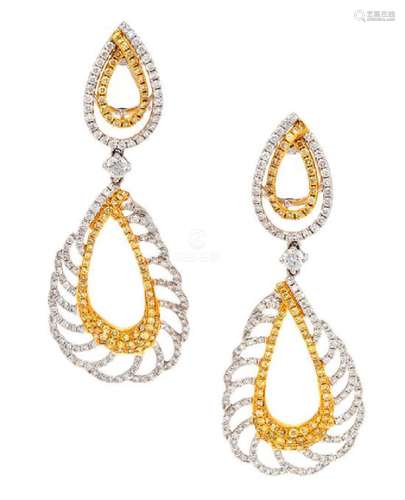 A Pair of Bicolored Gold, Diamond and Yellow Diamond