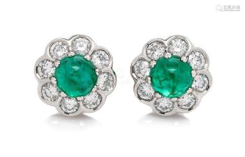 A Pair of Platinum, Emerald and Diamond Earclips, 8.00