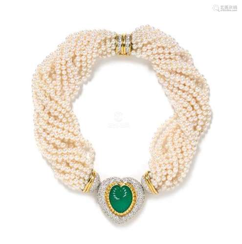 An 18 Karat Yellow Gold, Emerald, Diamond and Cultured