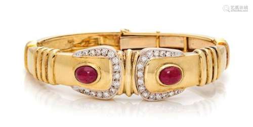 A 14 Karat Bicolor Gold, Ruby and Diamond Buckle Motif