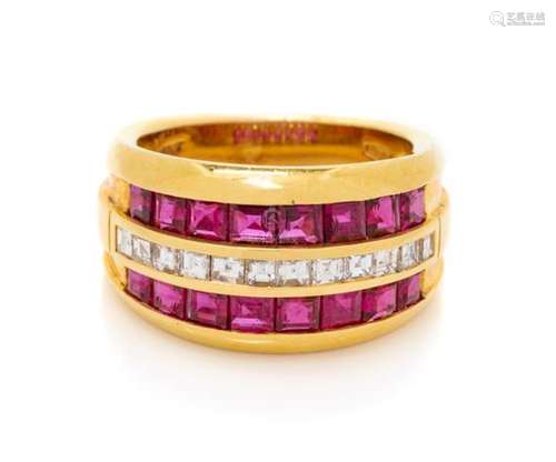 An 18 Karat Yellow Gold, Ruby and Diamond Ring,