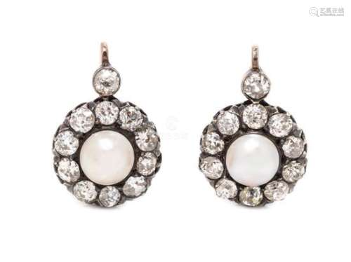 A Pair of Antique Silver Topped Rose Gold, Pearl and