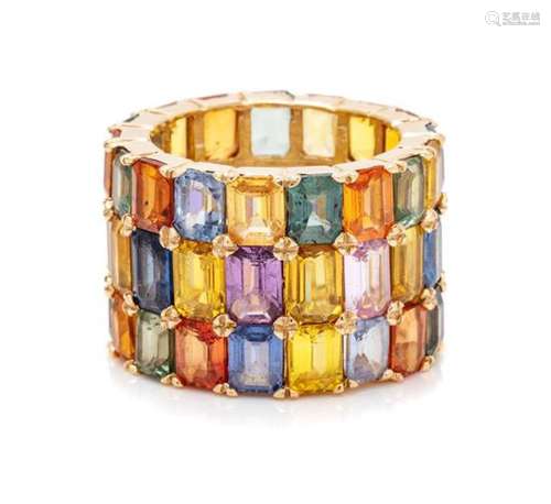 A 14 Karat Yellow Gold and Multicolor Sapphire Ring,