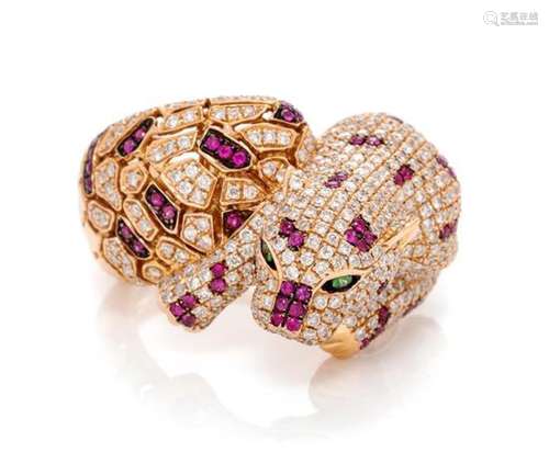 * An 18 Karat Rose Gold, Diamond, Ruby and Tsavorite