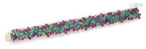 A 14 Karat White Gold, Lapis Lazuli, Ruby, Emerald and