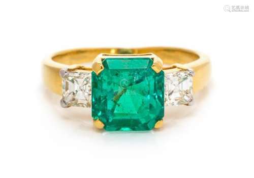 * A Yellow Gold, Emerald and Diamond Ring, 3.20 dwts.