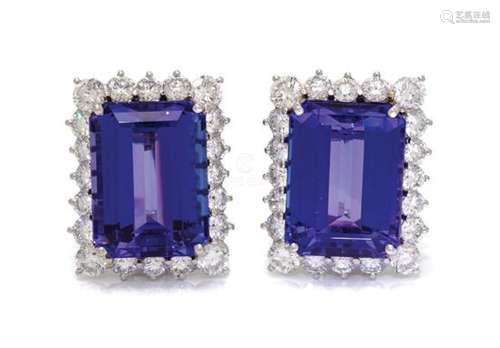 * A Pair of Platinum, Tanzanite and Diamond Earclips,